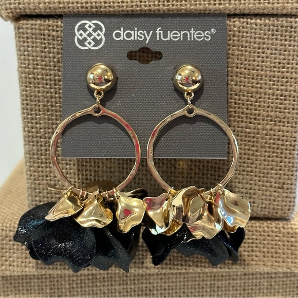 NWT Daisy Fuentes Earrings- shiny gold tone with black acrylic sparkly petals - Picture 7 of 15